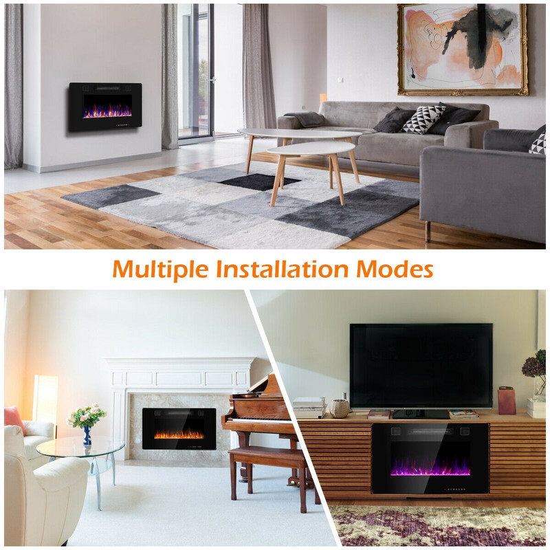 30-Inch Recessed Ultra Thin Electric Fireplace Heater with Glass Appearance, Wall Mounted or Insert, 12 Flame Colors