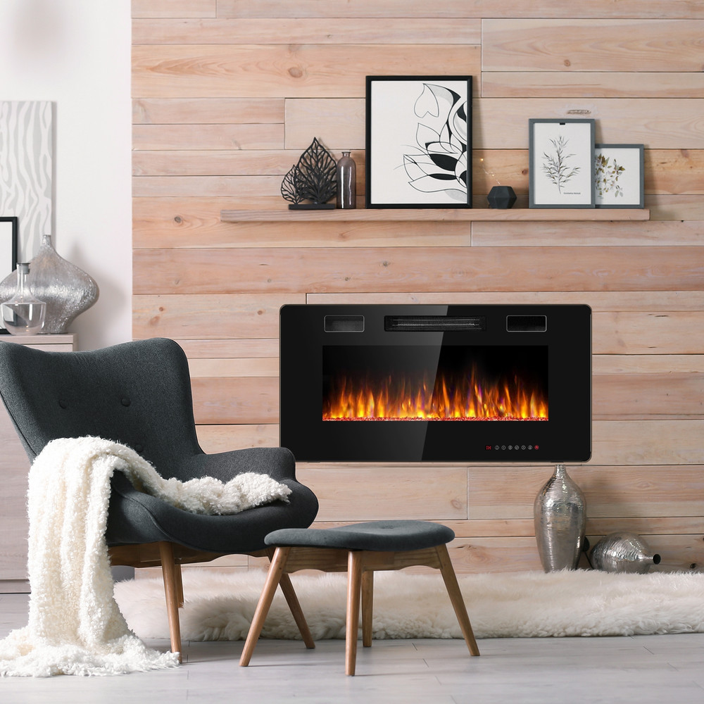 36 Inch Ultra Thin Wall Mounted Electric Fireplace with Remote Control, 12 Flame Colors & Timer, Recessed
