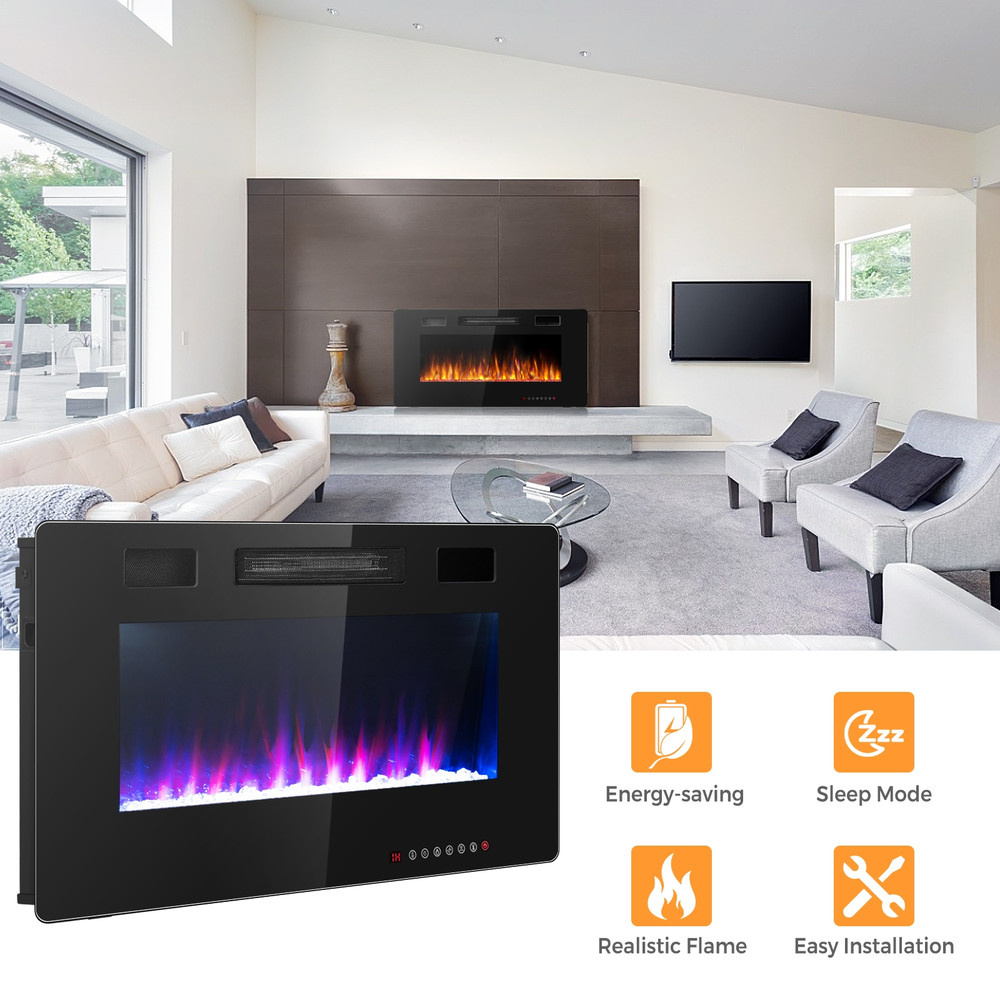 36 Inch Ultra Thin Wall Mounted Electric Fireplace with Remote Control, 12 Flame Colors & Timer, Recessed
