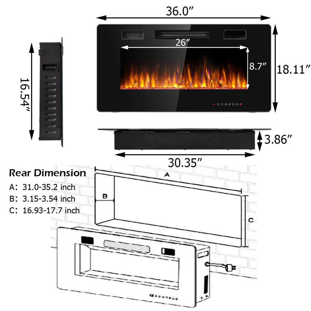 36 Inch Ultra Thin Wall Mounted Electric Fireplace with Remote Control, 12 Flame Colors & Timer, Recessed