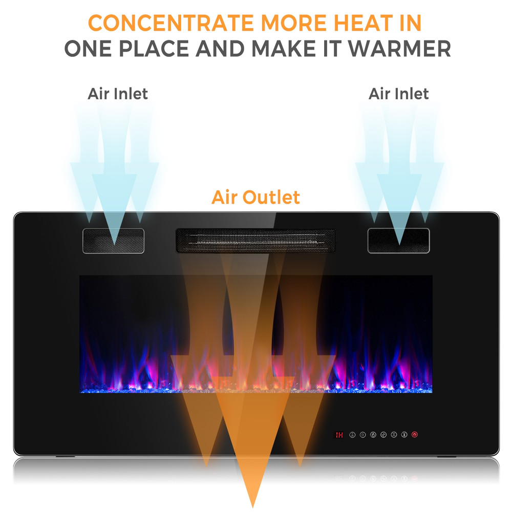 36 Inch Ultra Thin Wall Mounted Electric Fireplace with Remote Control, 12 Flame Colors & Timer, Recessed