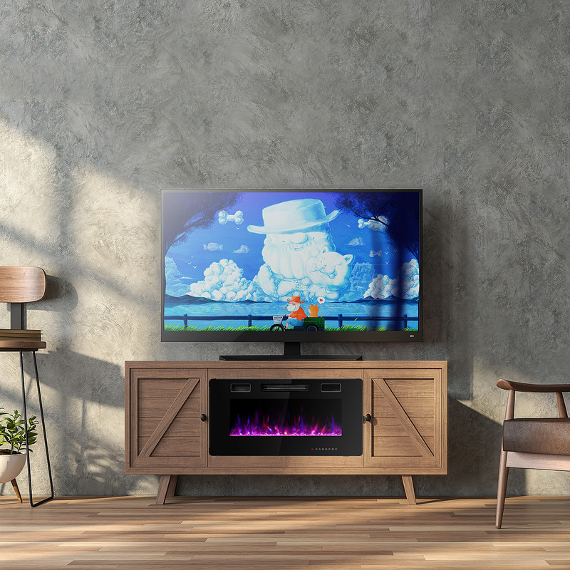 36 Inch Ultra Thin Wall Mounted Electric Fireplace with Remote Control, 12 Flame Colors & Timer, Recessed