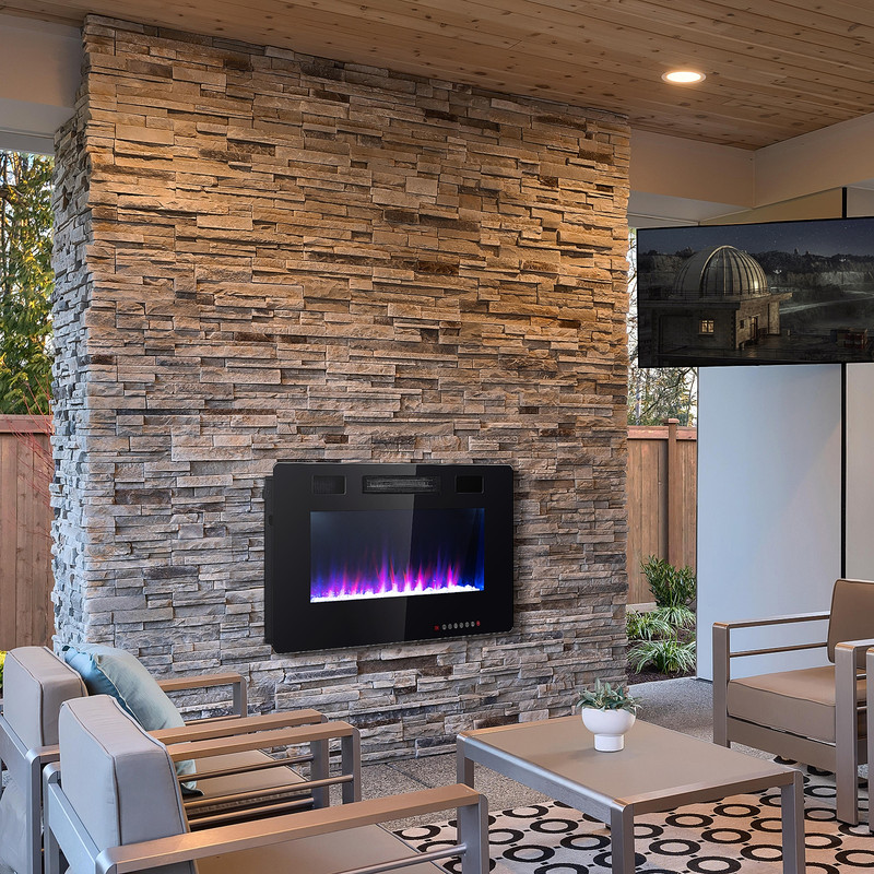 36 Inch Ultra Thin Wall Mounted Electric Fireplace with Remote Control, 12 Flame Colors & Timer, Recessed