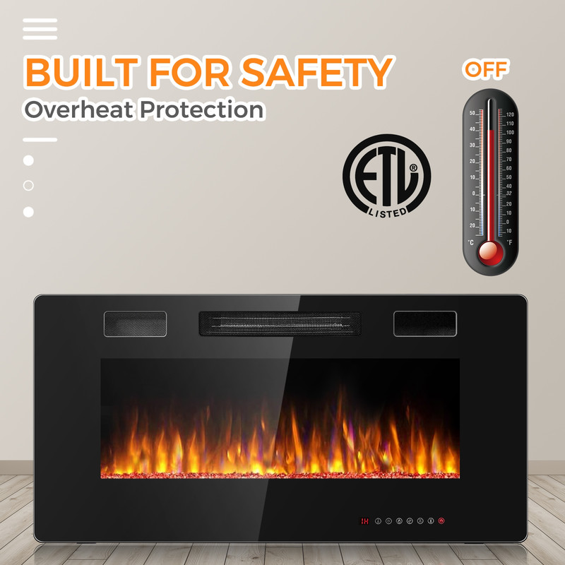 36 Inch Ultra Thin Wall Mounted Electric Fireplace with Remote Control, 12 Flame Colors & Timer, Recessed