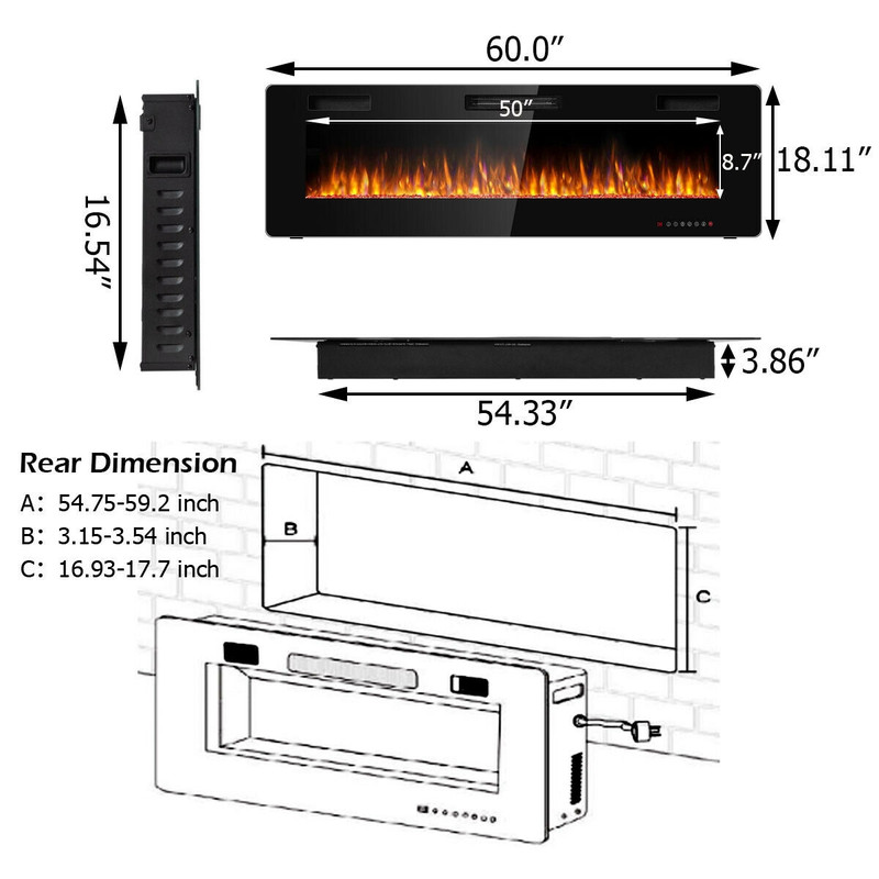 Modern 60-Inch Electric Fireplace, Ultra Thin Design with 2 Heat Settings