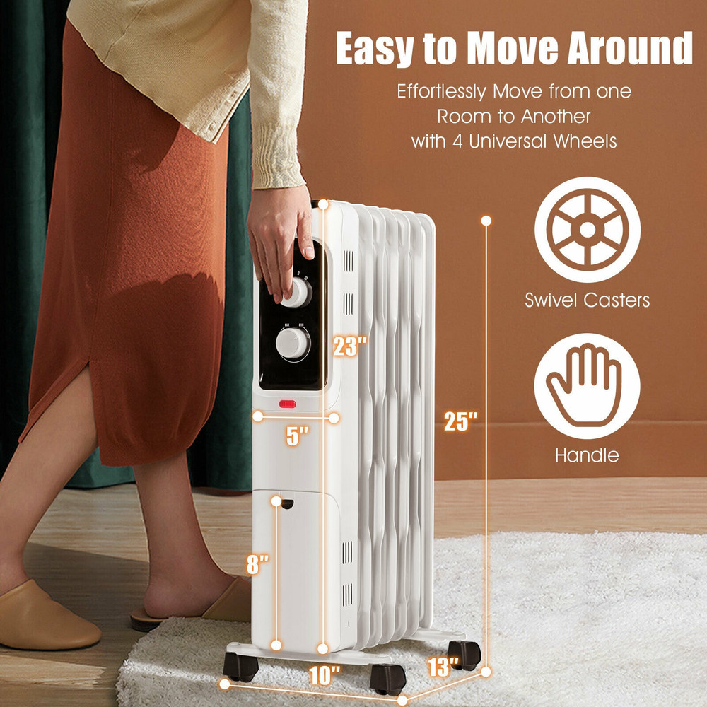 1500W Portable Space Heater with Adjustable Thermostat, Oil-Filled Radiator Heater for Home & Office