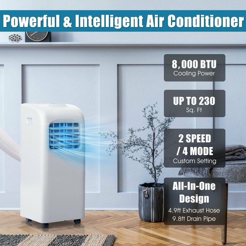 8000 BTU Portable Air Conditioner with Dehumidifier, Compact Cooling for Rooms Up to 230 Sq. Ft