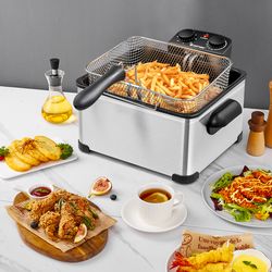 professional 1700w electric deep fryer 5.3qt/21-cup stainless steel with triple basket, adjustable temp & timer