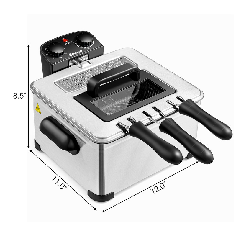 Professional 1700W Electric Deep Fryer 5.3QT/21-Cup Stainless Steel with Triple Basket, Adjustable Temp & Timer
