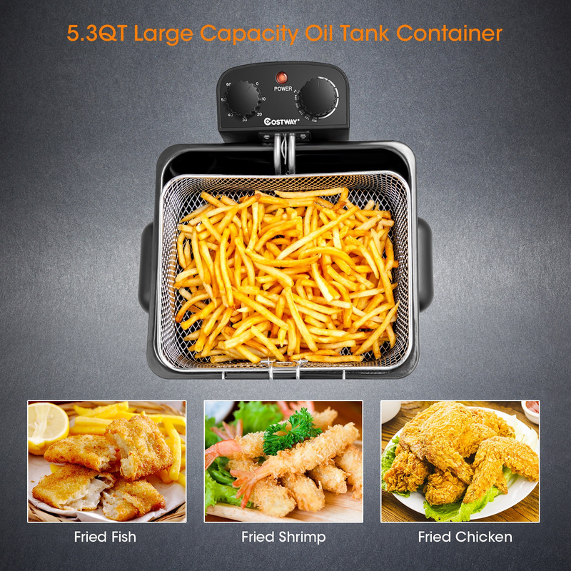 Professional 1700W Electric Deep Fryer 5.3QT/21-Cup Stainless Steel with Triple Basket, Adjustable Temp & Timer