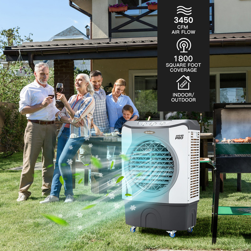 4-in-1 Industrial Evaporative Air Cooler Fan with 12 Gallon (45L) Tank, Wheels & 100 Oscillation, Cools Up to 1800 Sq.