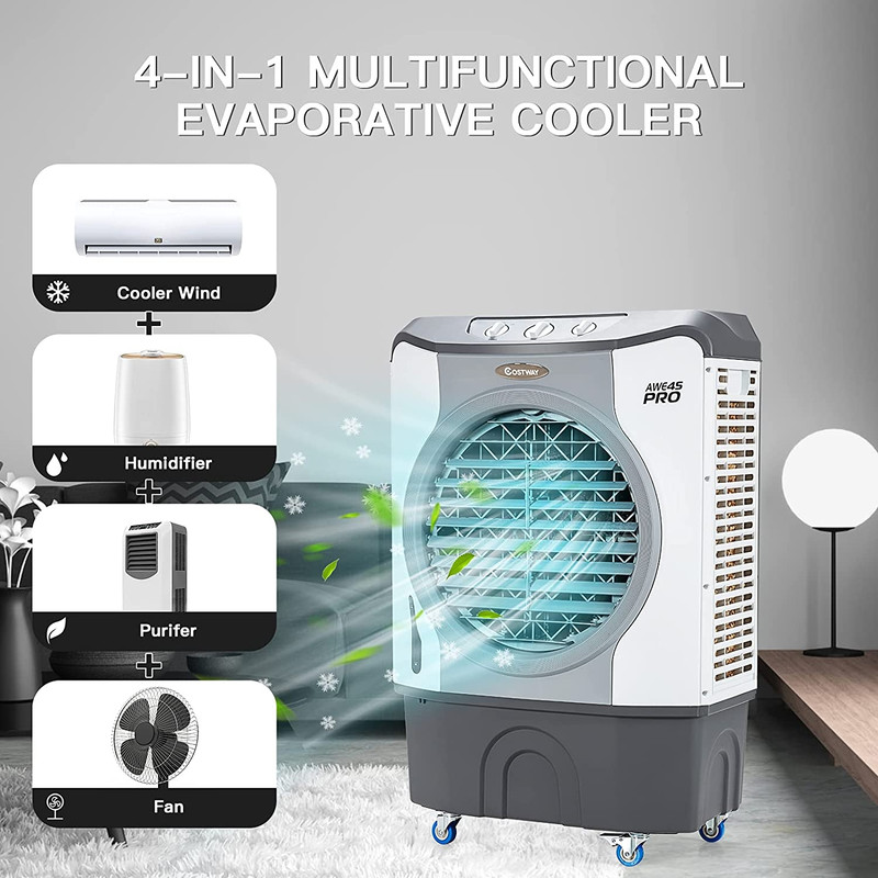 4-in-1 Industrial Evaporative Air Cooler Fan with 12 Gallon (45L) Tank, Wheels & 100 Oscillation, Cools Up to 1800 Sq.