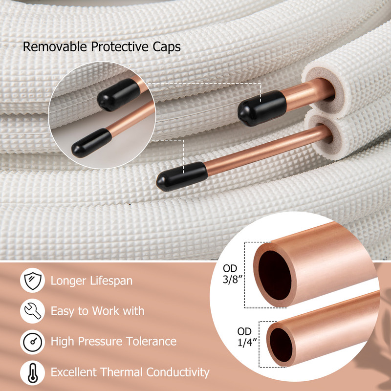 50 Feet Mini Split Line Set, 1/4" & 3/8" Copper Pipes & Tubing for AC/Heat Pump
