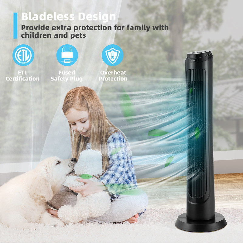 40 Inch Tower Fan with Remote, 75° Oscillating Floor Fan, 3 Wind Modes & 4 Speeds, Quiet Bladeless Cooling Fan for Home