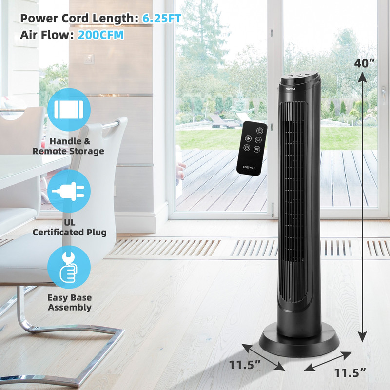 40 Inch Tower Fan with Remote, 75° Oscillating Floor Fan, 3 Wind Modes & 4 Speeds, Quiet Bladeless Cooling Fan for Home