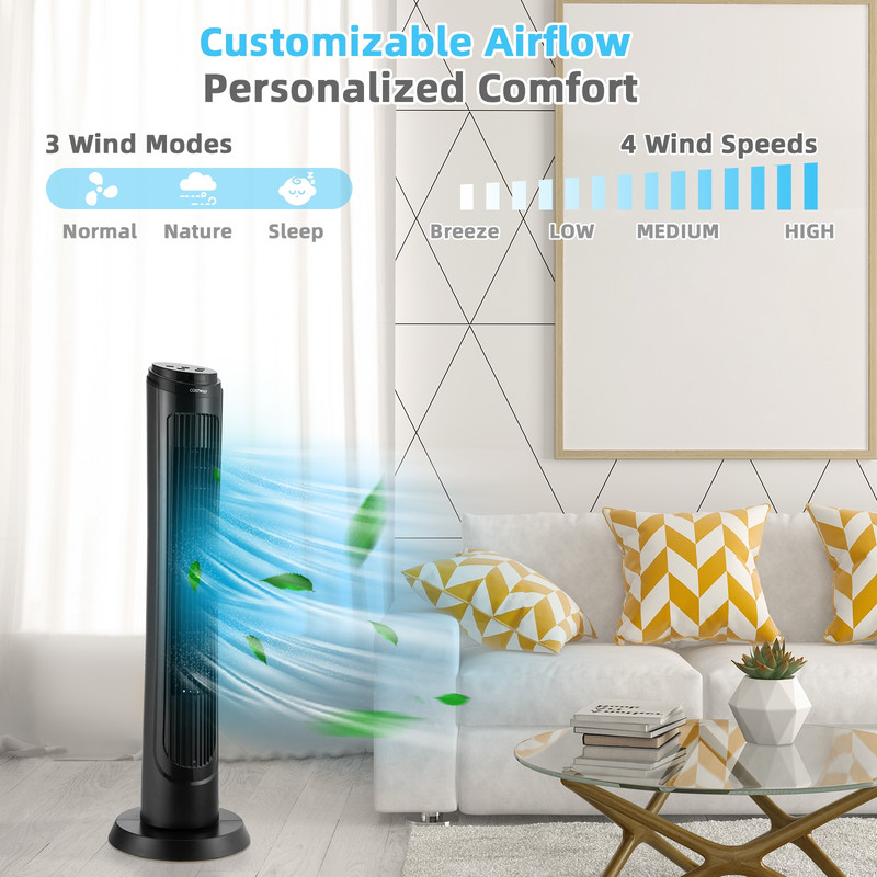 40 Inch Tower Fan with Remote, 75° Oscillating Floor Fan, 3 Wind Modes & 4 Speeds, Quiet Bladeless Cooling Fan for Home