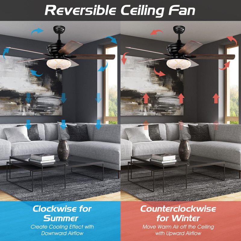 52 Inch Ceiling Fan with Remote Control, 3 Speeds, Quiet Reversible Motor & 5 Dual-Finish Blades for Indoor Use