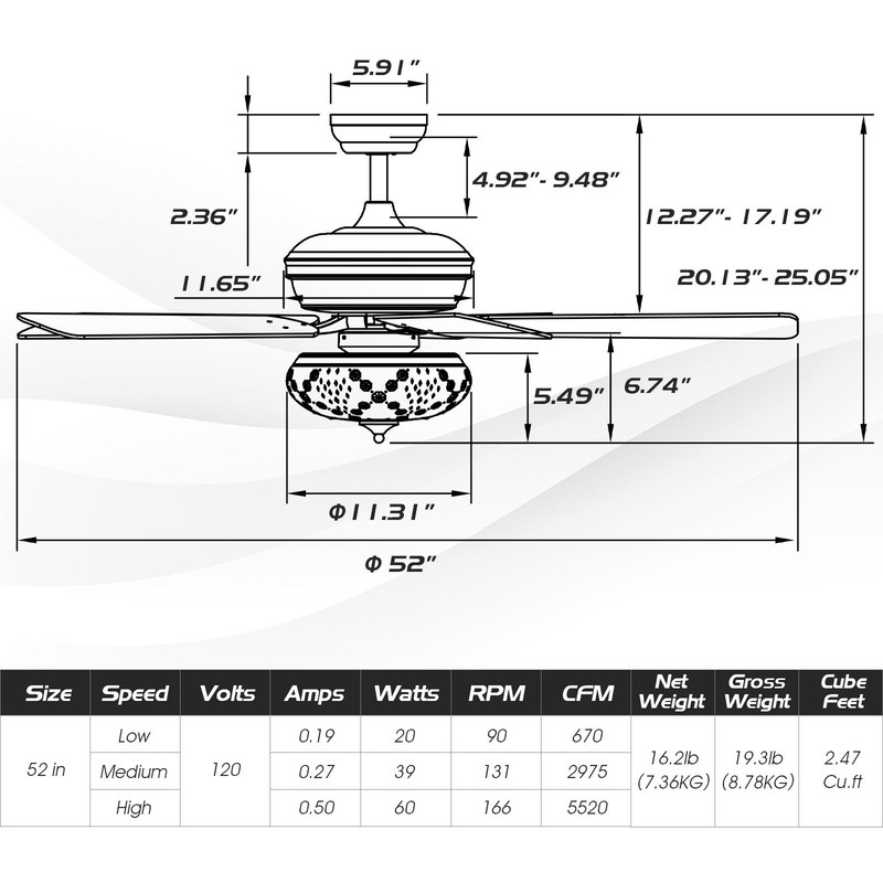 52 Inch Ceiling Fan with Remote Control, 3 Speeds, Quiet Reversible Motor & 5 Dual-Finish Blades for Indoor Use