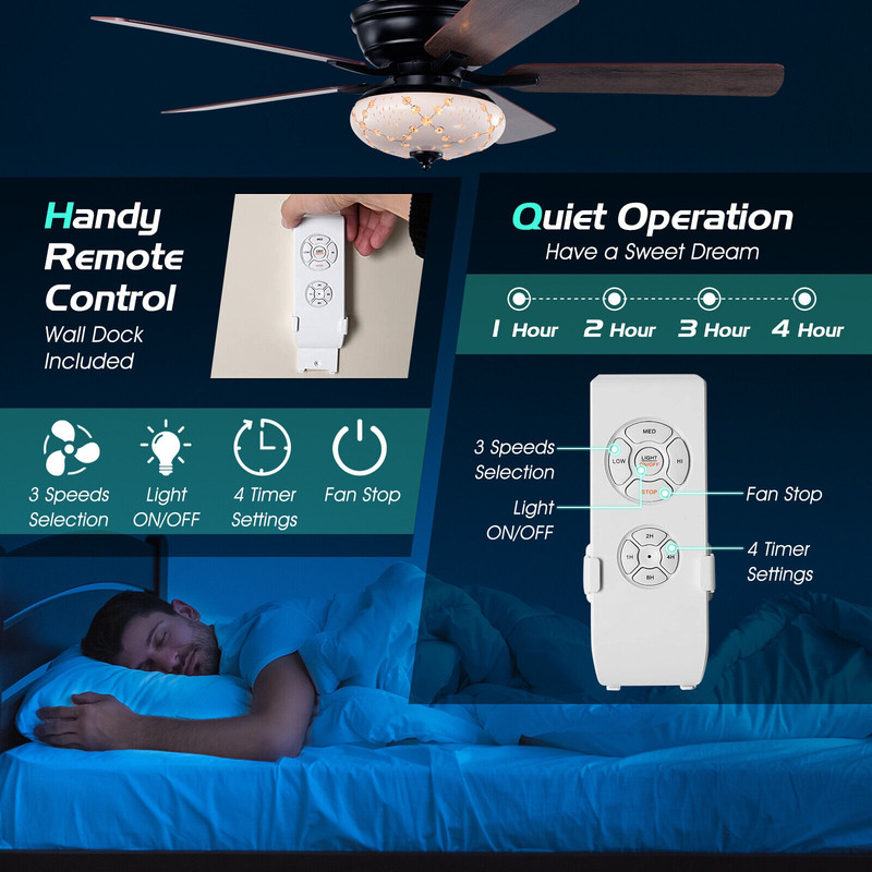 52 Inch Ceiling Fan with Remote Control, 3 Speeds, Quiet Reversible Motor & 5 Dual-Finish Blades for Indoor Use