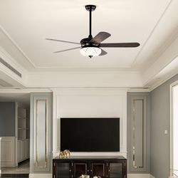 52 inches ceiling fan with remote control, walnut finish, reversible motor, 3 speeds, light kit, dual mounting