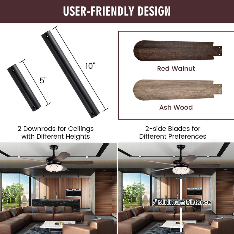 52 Inches Ceiling Fan with Remote Control, Walnut Finish, Reversible Motor, 3 Speeds, Light Kit, Dual Mounting