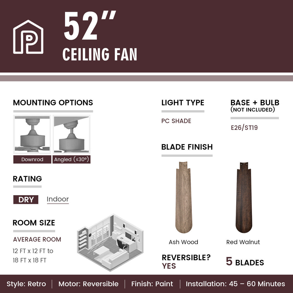 52 Inches Ceiling Fan with Remote Control, Walnut Finish, Reversible Motor, 3 Speeds, Light Kit, Dual Mounting