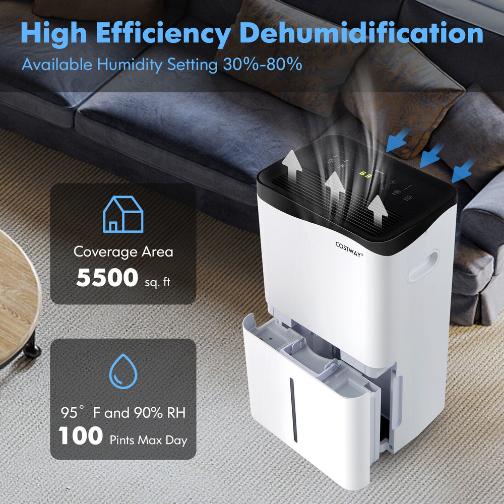 100-Pint Dehumidifier with Smart App & Alexa, Home & Basement Moisture Remover, 5500 Sq. Ft Large Room Quiet Portable