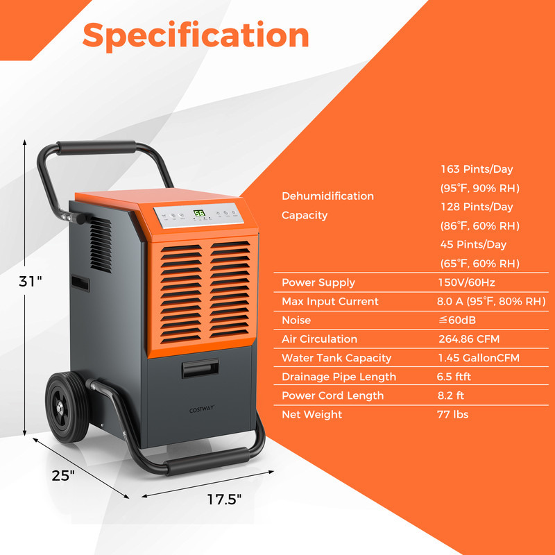 163 Pints Commercial Dehumidifier with Drain Hose, Timer, Portable Industrial Moisture Remover for Basement, Warehouse