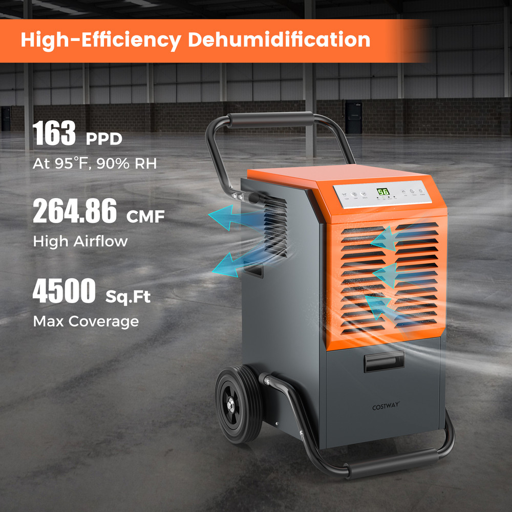 163 Pints Commercial Dehumidifier with Drain Hose, Timer, Portable Industrial Moisture Remover for Basement, Warehouse