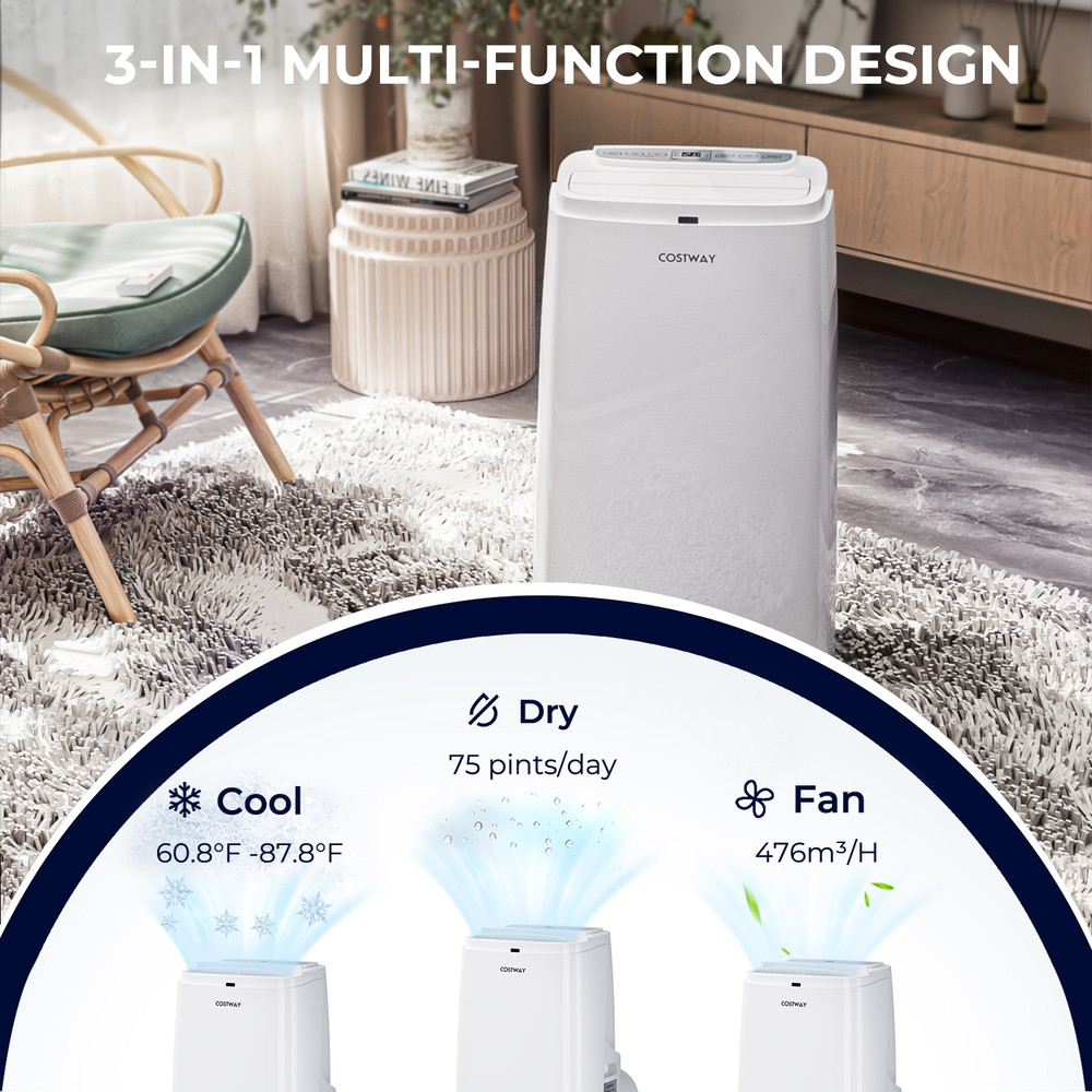 12000 BTU (ASHRAE) 3-in-1 Portable Air Conditioner with Remote, AC Unit for Rooms Up to 450 Sq Ft, Dehumidifier & Fan