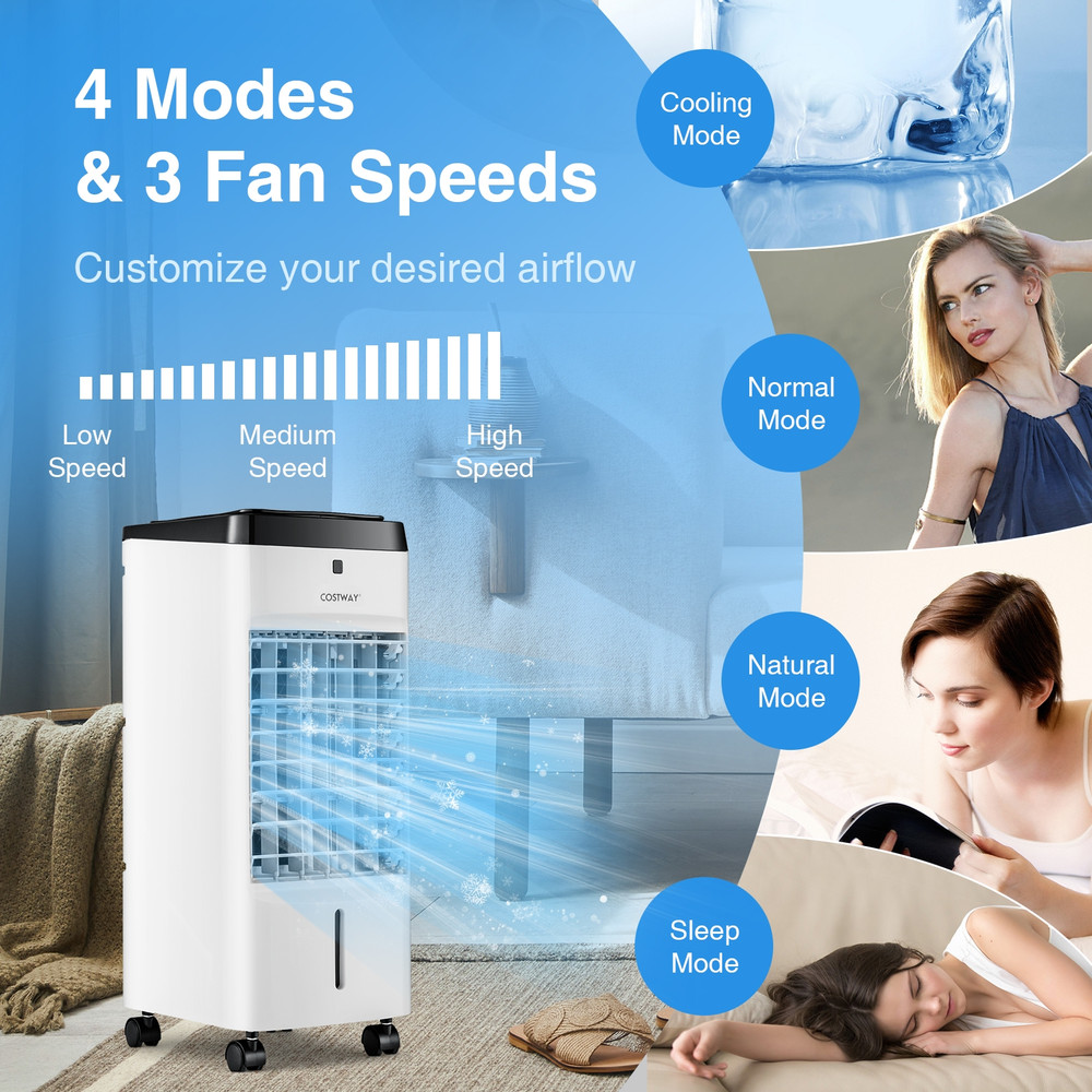 3-in-1 Evaporative Portable Air Cooler with Remote Control, 4 Modes, 3.5L Water Tank, Ice Packs, Timer for Home, Office