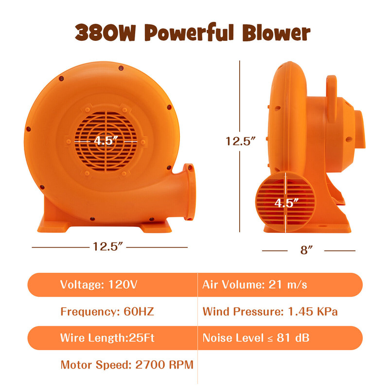 380W Air Blower (0.5HP) for Inflatables, 25ft GFCI-Protected Cord, IPX4 Waterproof, High-Speed Inflation