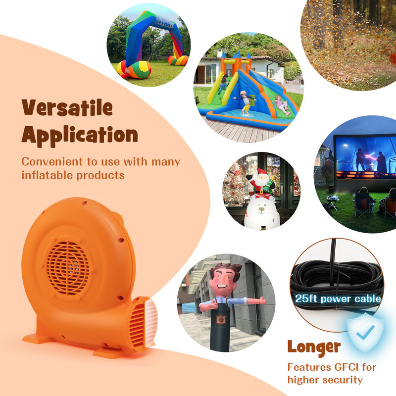 380W Air Blower (0.5HP) for Inflatables, 25ft GFCI-Protected Cord, IPX4 Waterproof, High-Speed Inflation