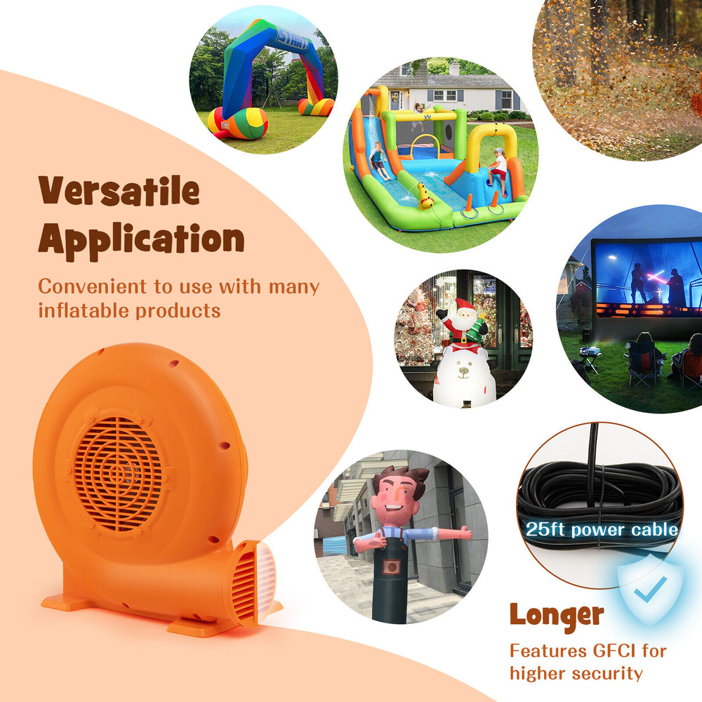 680W Air Blower (1.0HP) for Inflatables, 25ft GFCI-Protected Cord, Waterproof & High-Speed