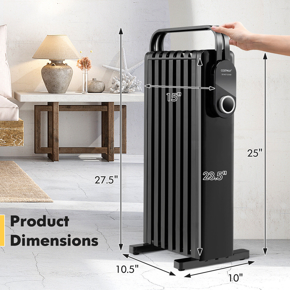 1500W Oil Filled Radiator Heater with Foldable Rack, 3-Level Electric Space Heater for Indoor Use