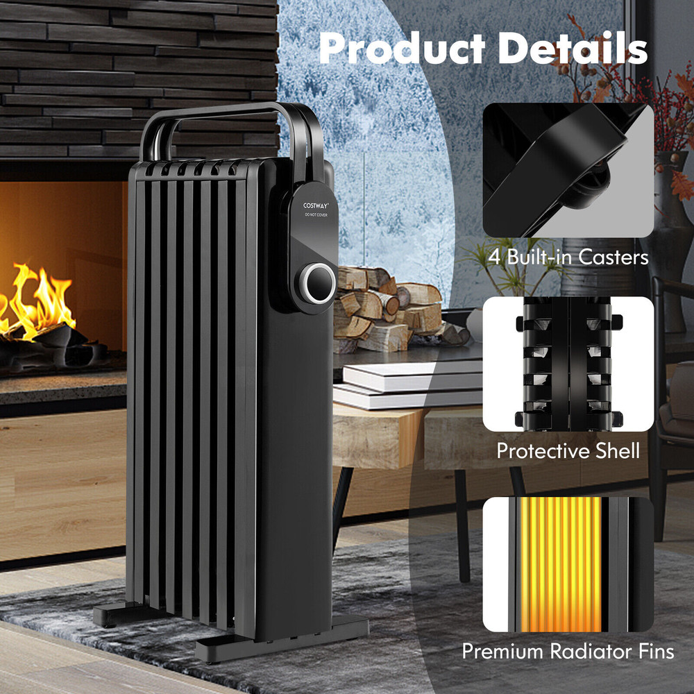 1500W Oil Filled Radiator Heater with Foldable Rack, 3-Level Electric Space Heater for Indoor Use