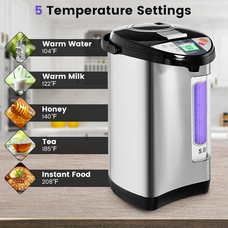 5-Liter Electric LCD Water Boiler and Warmer – Stainless Steel Hot Water Dispenser with Reboil & Timer