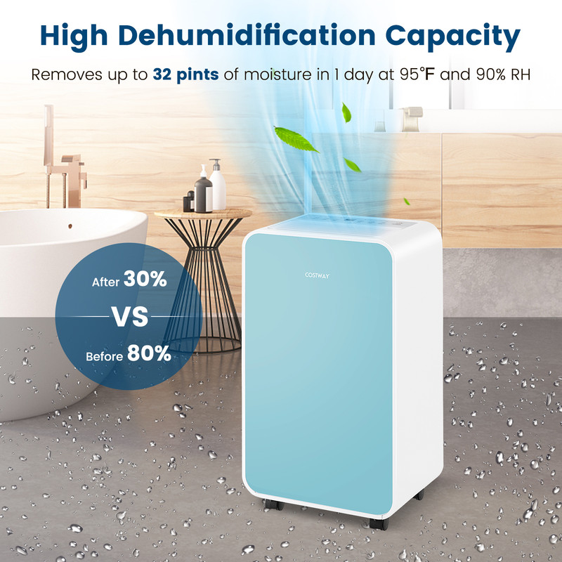 32 Pints/Day Portable Quiet Dehumidifier for Rooms up to 2500 Sq. Ft, Compact & Energy-Efficient Moisture Remover