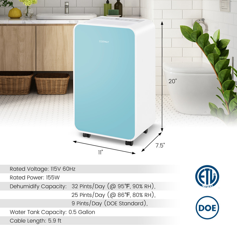 32 Pints/Day Portable Quiet Dehumidifier for Rooms up to 2500 Sq. Ft, Compact & Energy-Efficient Moisture Remover