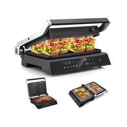 multi-function indoor electric panini press grill with led display, adjustable temp, dishwasher-safe plates & floating