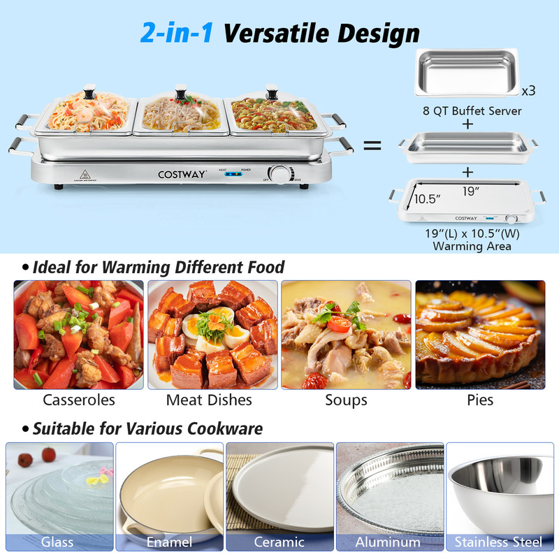 Electric Warming Tray With Temperature Control Large Buffet Food Warmer With 3 Trays Stainless Stee 4
