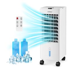 portable evaporative air cooler with remote for home & office, tower fan humidifier with ice cooling packs, dual tank