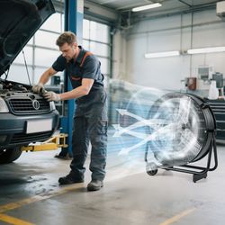 industrial drum fan with 2 wheels & 360-degree adjustable tilt, heavy-duty cooling