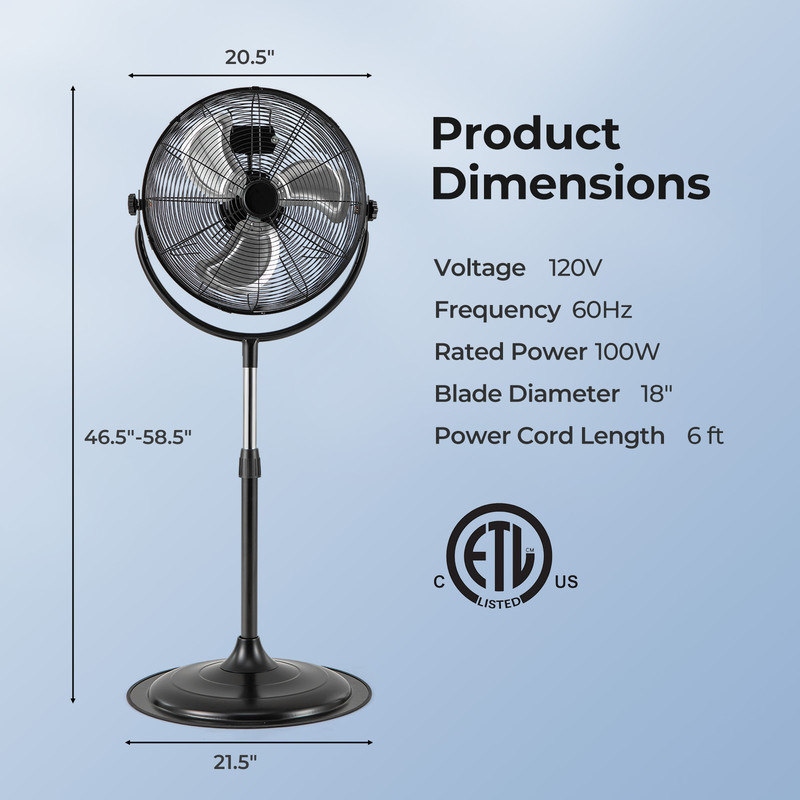 HeavyDuty 18Inch Pedestal Fan With 3 Speeds  Adjustable Height HighVelocity Airflow 3
