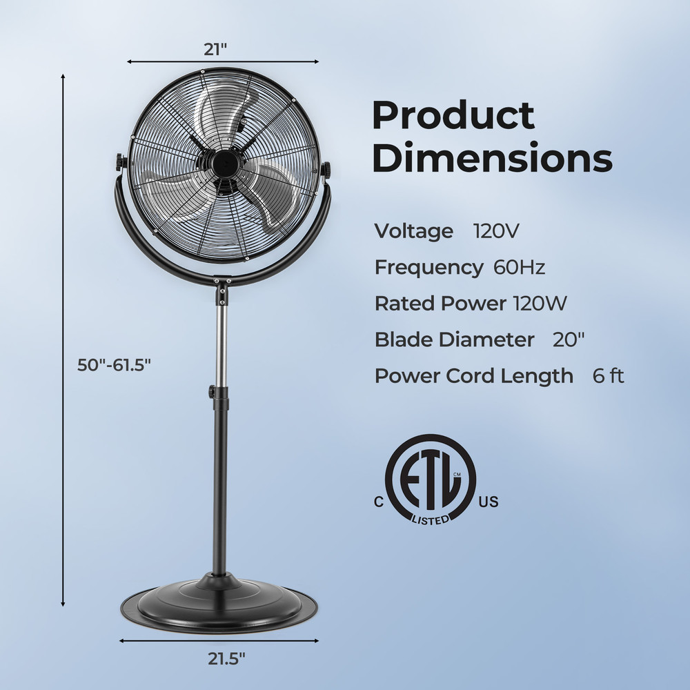 HeavyDuty 20Inch Pedestal Fan With 3Speed Settings Adjustable Height  HighVelocity Airflow 4