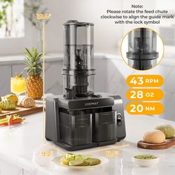 cold press juicer with 5.3" wide feed chute, high juice yield, reverse function for easy cleaning