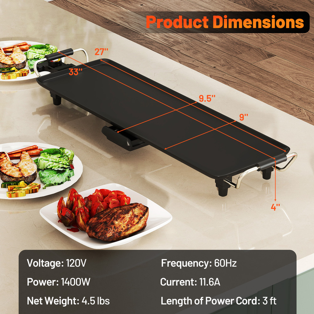 27 Inch Large Electric Griddle Nonstick BBQ Grill with Adjustable Temperature Control for Indoor & Outdoor Parties