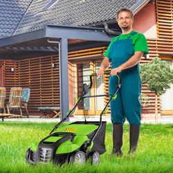 professional 16-inch electric lawn dethatcher & scarifier with 14.5-gallon collection bag and folding design