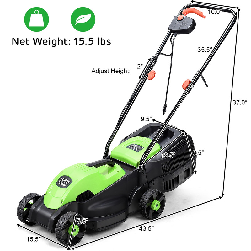 13 Inch Electric Push Lawn Corded Mower With Grass Bag 30 L Collection Box HeightAdjustable Deck  E 7