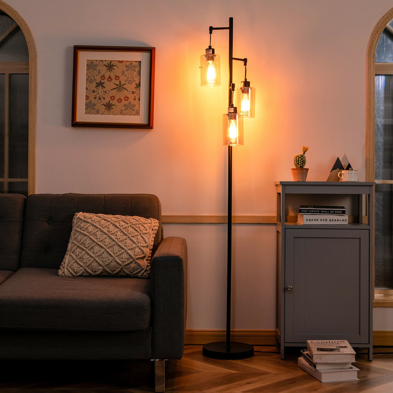 Retro Floor Lamp with 3-Head Hanging Amber Glass Shade, Industrial Standing Light for Living Room Bedroom Reading Corner